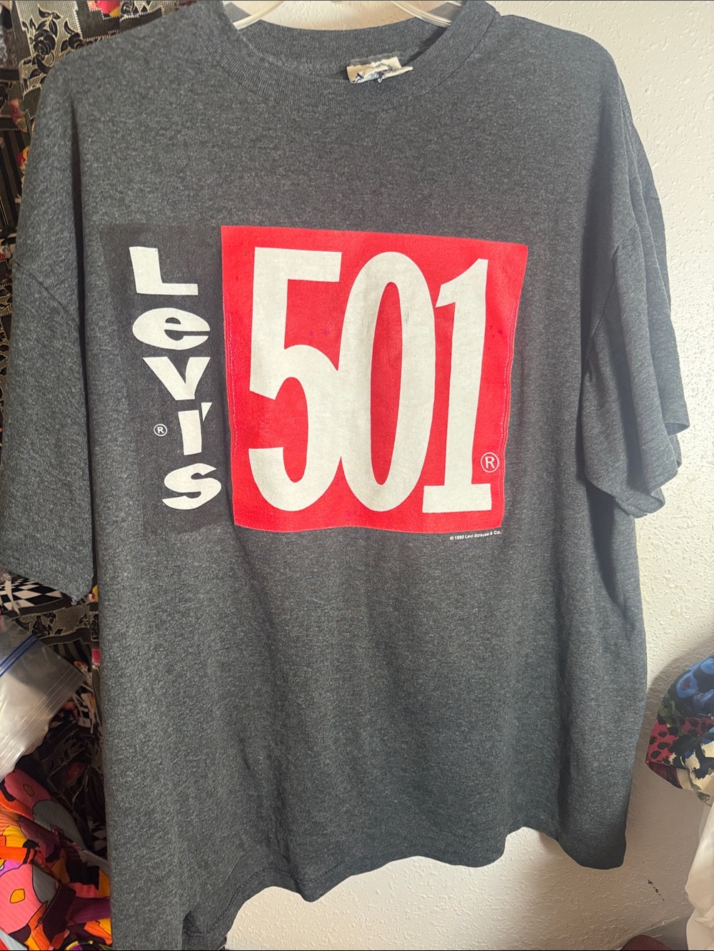 Vintage Levi’s Jeans 501 Gray Tshirt XL, USA Made 1992 Levi Strauss
